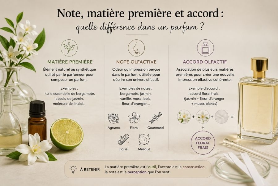 Différence entre note olfactive, matière première et accord dans la composition d’un parfum