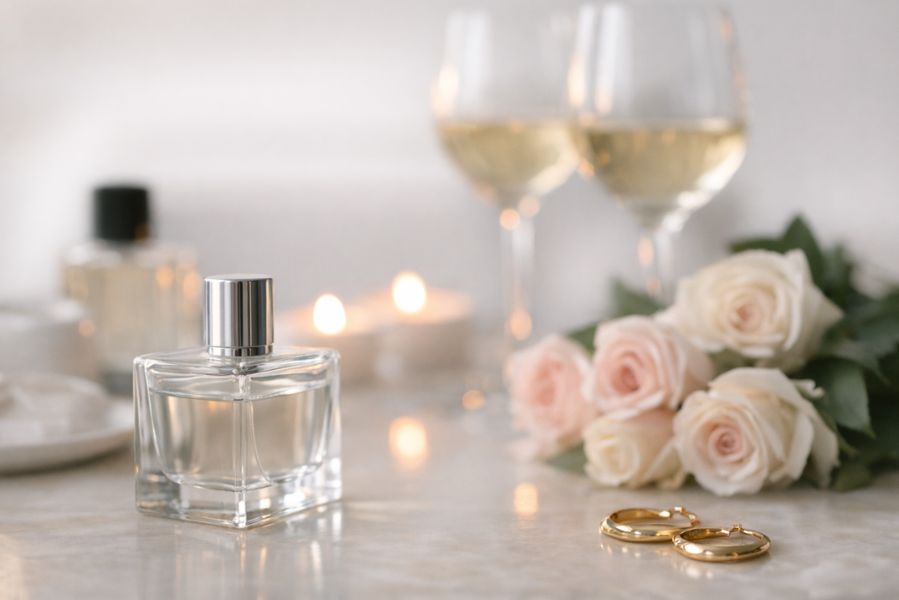 Flacon de parfum élégant posé sur une table avec roses, bougies et verres à vin dans une ambiance douce et romantique de premier rendez-vous.