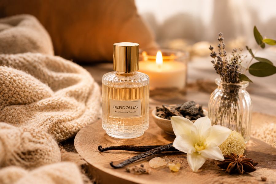 flacon de parfum dans une ambiance chaleureuse avec vanille, bougie et tissus doux évoquant des odeurs réconfortantes
